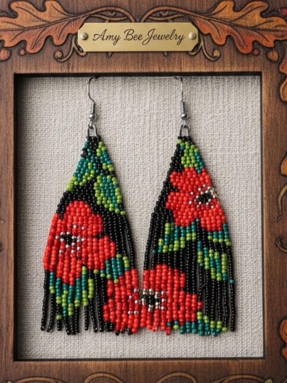 Red Poppy Floral Pattern Beaded Tassel Earrings. New.